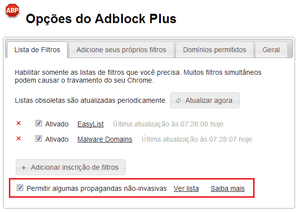 Opções - Adblock Plus