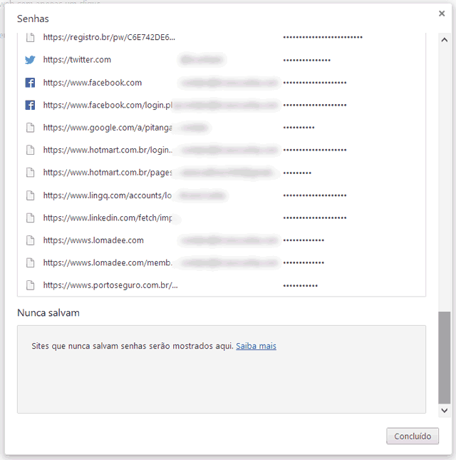 Senhas salvas no Google Chrome