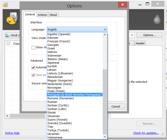 Recuva - Alterar Idioma