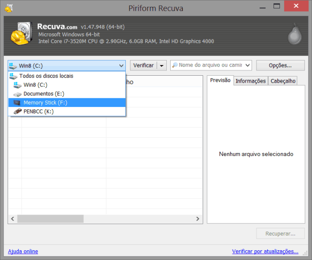 Recuva - Selecionar Unidade