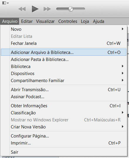 iTunes - Adicionar Arquivo à Biblioteca
