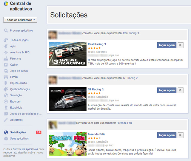 Facebook - Solicitações de Jogos