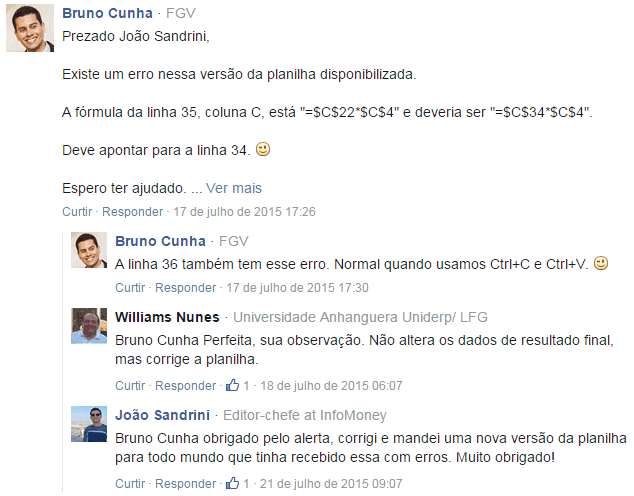 Comentário do Bruno Cunha sobre um erro na planilha do InfoMoney
