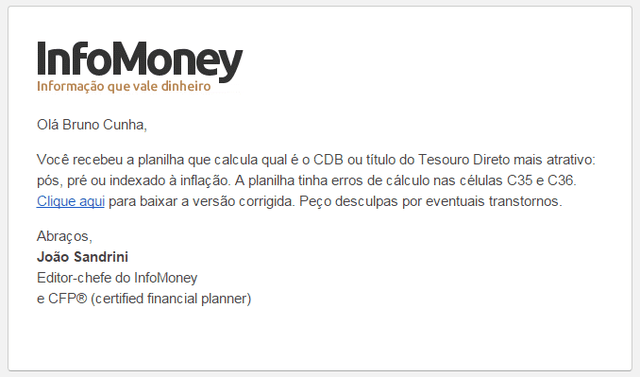 E-mail do InfoMoney reconhecendo o erro na planilha
